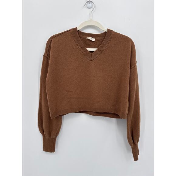 A Loves A Brown Cropped Merino Wool & Cashmere Blend V-neck Sweater Size XS - Picture 1 of 5
